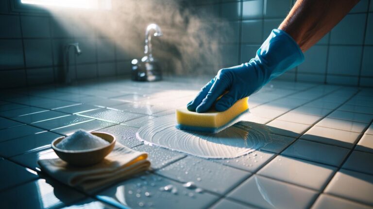 Illustration of applying a baking soda paste with a soft sponge to bathroom tiles to banish grime and restore shine in two minutes