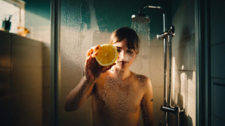 Illustration of a hand using a halved lemon to clean soap scum from a glass shower door