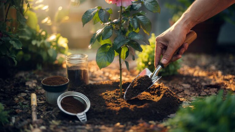 Illustration of used coffee grounds being mixed into garden soil around leafy plants to deliver slow-release nitrogen