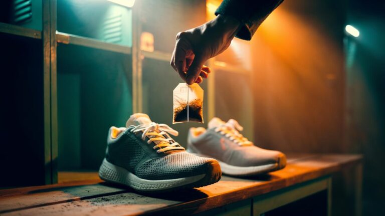 Illustration of a dry tea bag being placed inside a shoe to neutralise odour in 30 seconds