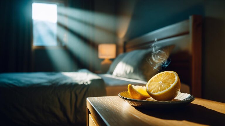 Illustration of a cut lemon on a bedside table releasing citrus aroma overnight to freshen a room
