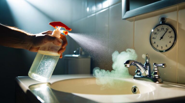 Illustration of a spray bottle of white vinegar being used in a bathroom to neutralise odours in one minute