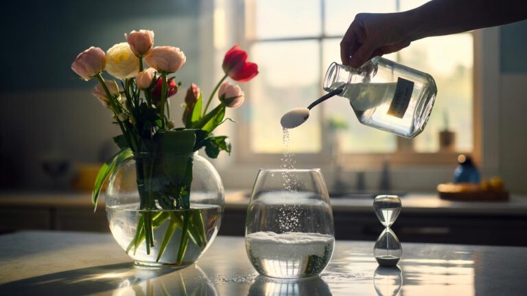 Illustration of preparing a sugar and white vinegar mix in a water-filled vase to extend the bloom life of cut flowers in 5 minutes