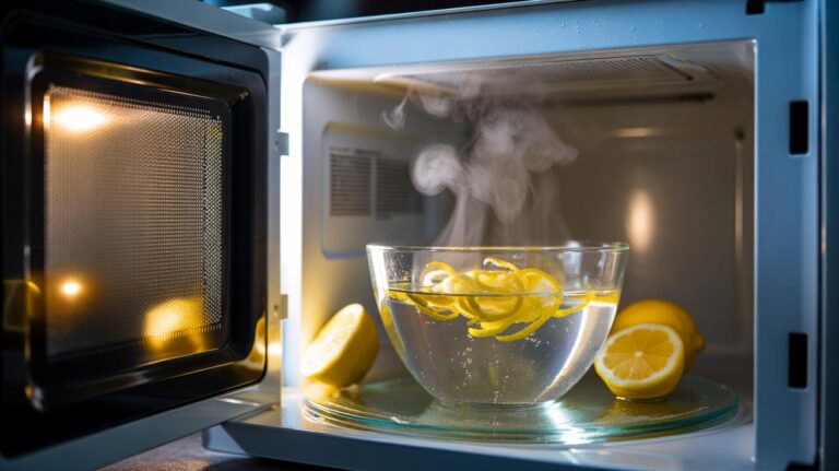Illustration of lemon zest steaming in a microwave to neutralise odours in five minutes using aromatic oils