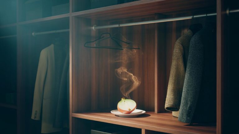 Illustration of an onion slice on a saucer inside a wardrobe neutralising musty odours from clothes
