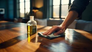 Illustration of a hand buffing a wooden table with a soft cloth using a small amount of olive oil for a quick three-minute shine