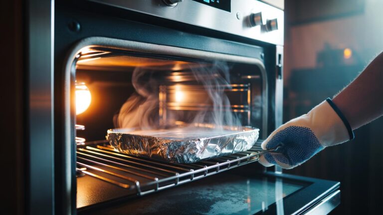Illustration of an oven interior with a foil-covered tray producing steam to conduct heat and loosen baked-on grime in a 10-minute clean