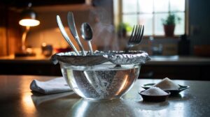 Illustration of silver cutlery soaking overnight in a warm salt and bicarbonate of soda bath lined with aluminium foil