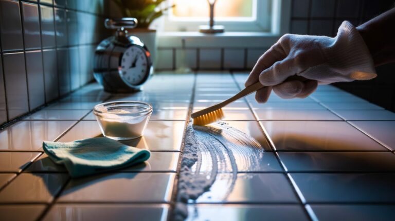 Illustration of baking soda paste being applied to tile grout lines with a toothbrush for a two-minute whitening clean